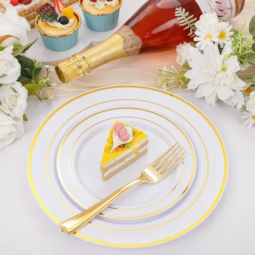 Miniatura 7 de bUCLA 600 platos de plástico blanco y dorado, juego de vajilla desechable dorada para 100 invitados, incluye 100 platos de cena y 100 platos