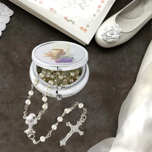 Miniatura 2 de Juego de regalo religioso de la Primera Comunión, soporte de joyería en tono plateado y collar de cuentas de oración blanca, rosario de recuerdo