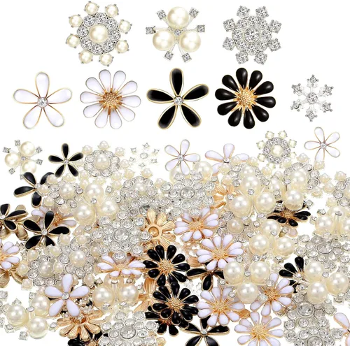 80 Piezas Botones de Diamantes de Imitación Botones de Adornos Botones de Perlas Falsas de Respaldo Plano Botones de Flores para Hacer Joyas