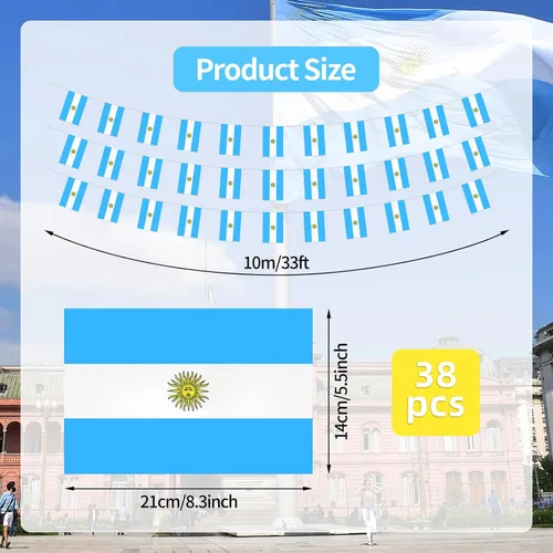 Miniatura 2 de 38 banderas rectangulares de Argentina de 32.8 pies, mini bandera colgante argentina, banderas azules y blancas para decoración del hogar
