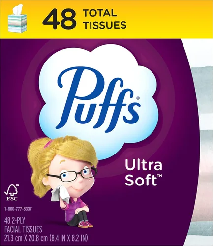 Pañuelos faciales ultrasuaves sin loción Puffs, 1 cubo, 48 pañuelos por caja