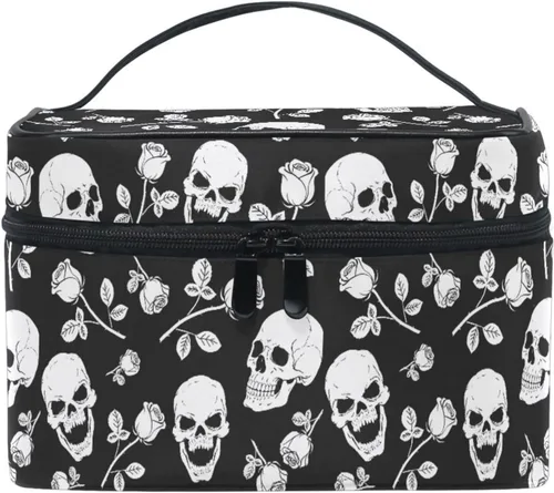Miniatura 36 de Bolsa de Maquillaje, Estuche de Maquillaje Organizador de Viaje con Diseño de Calavera y Flores, Estuche de Cosméticos, Bolsas de Aseo para Niñas