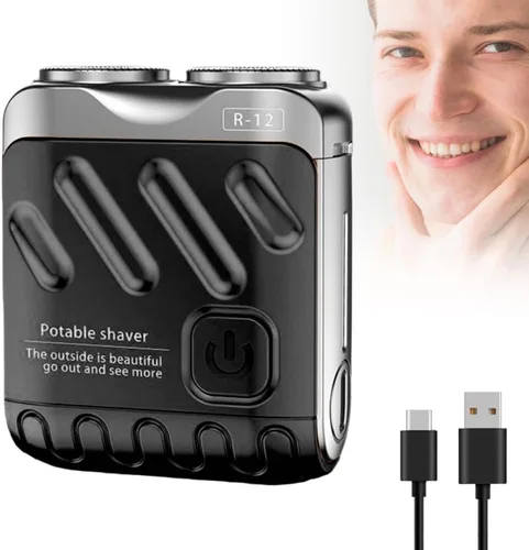 Afeitadora eléctrica portátil giratoria de doble anillo, mini afeitadora eléctrica mejorada 2026, afeitadora recargable USB de doble cabeza, Negro