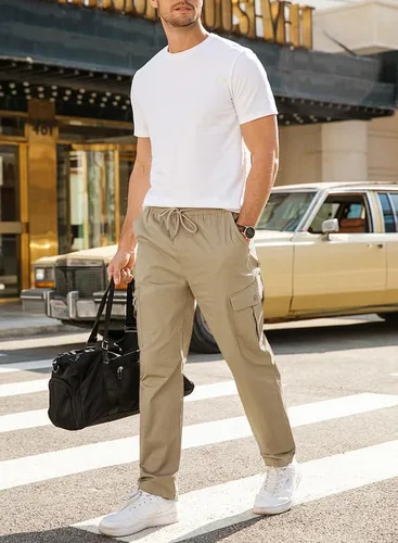 Miniatura 4 de JMIERR Pantalones cargo para hombre, casuales, de algodón, ajuste relajado, cintura elástica, ligeros, con múltiples bolsillos