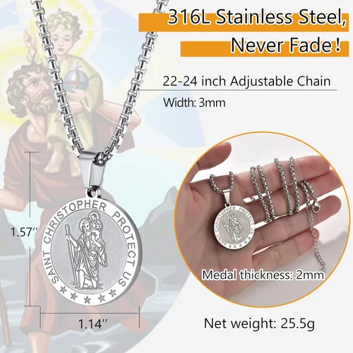 Miniatura 5 de PROSTEEL Collar de San Cristóbal de acero inoxidable para hombres y mujeres, ajustable de 22 a 24 pulgadas, chapado en oro negro18 quilates