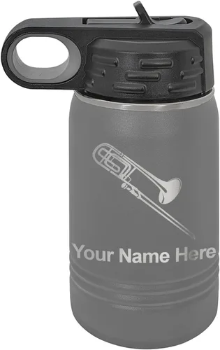 Miniatura 72 de LaserGram Botella de agua personalizada, trombón, acero inoxidable de doble pared aislada al vacío con popote superior, regalo grabado personalizado