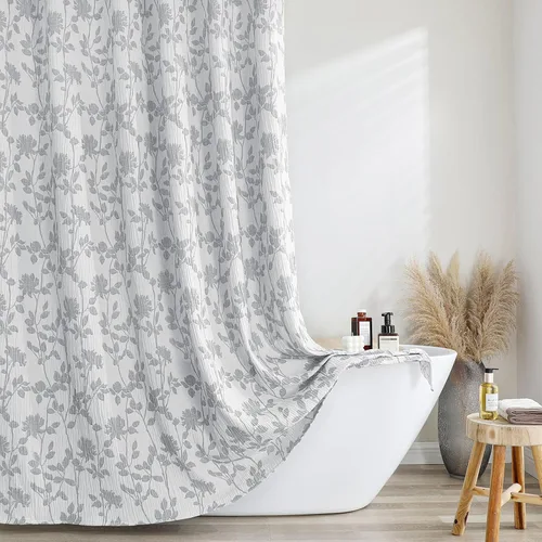 Miniatura 18 de OVZME Cortina de ducha floral negra de 72 pulgadas de largo, cortina de baño de textura arrugada y gruesa de calidad hotelera, decoración de baño