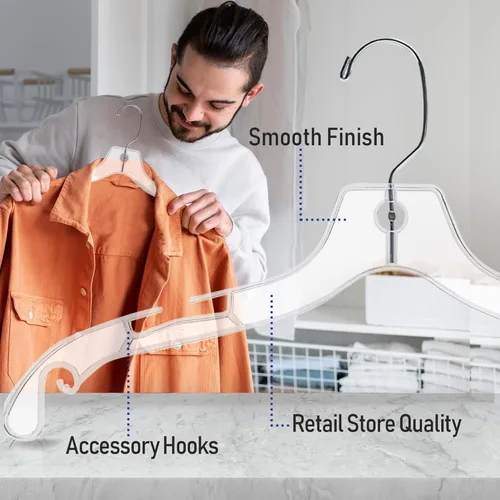 Miniatura 5 de Paquete de 25 perchas de plástico de 17 pulgadas, perchas transparentes para ropa, plástico resistente, perchas para adultos con ganchos giratorios