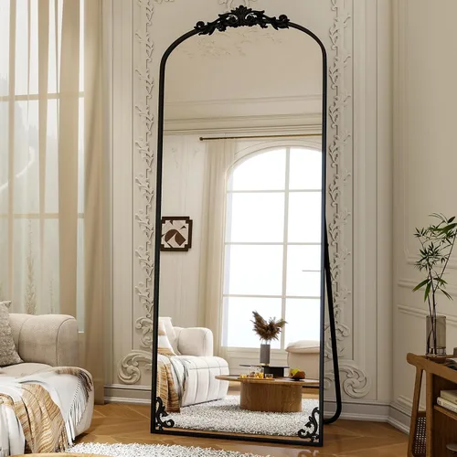 XRAMFY Espejo arqueado de longitud completa, 71 x 28 pulgadas, espejo vintage de cuerpo completo con tallado para decoración del hogar, espejo de