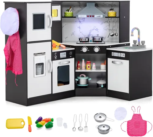 Costzon Juego de cocina para niños, 2 piezas de juguete de cocina con luz, sonido, lavabo, microondas, pizarra, máquina de hielo, campana Negro