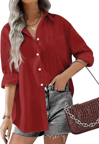 Miniatura 7 de HOTOUCH Camisas de gran tamaño con botones para mujer, blusa de hombro caída para oficina, de manga larga, estilo novio, camisa de vestir