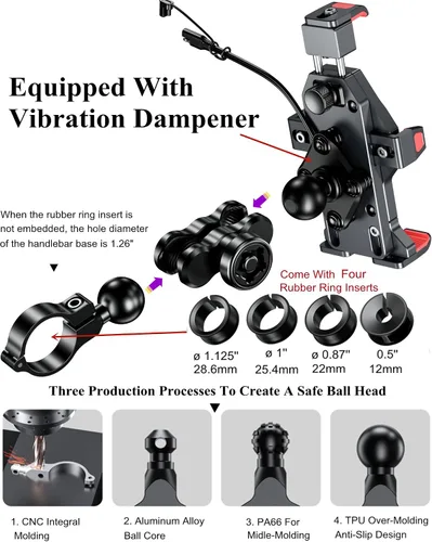 Miniatura 4 de BRCOVAN Soporte de teléfono para motocicleta con cargador inalámbrico Qi de 15 W y amortiguador de vibraciones, antirrobo, antivibración, ajustable