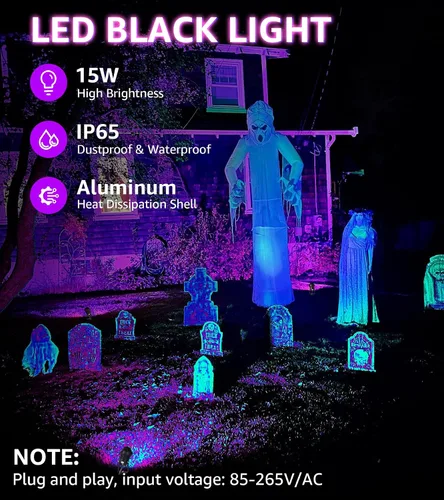 Miniatura 3 de URTOM Luz negra para exteriores de 120 V para Halloween, luz negra, impermeable, luz LED negra, luz LED negra, 15 W, focos morados, luces negras