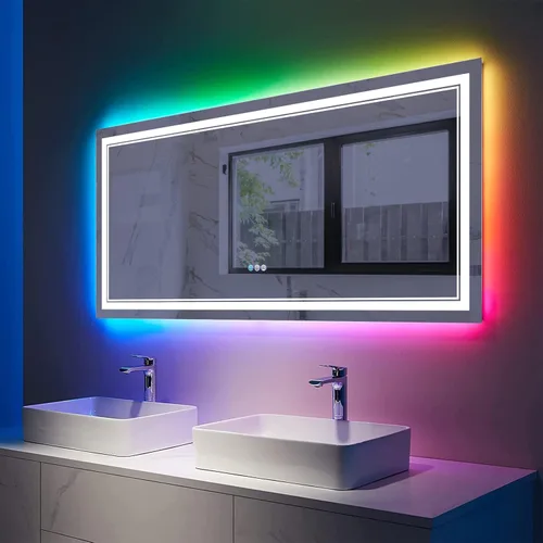 Miniatura 88 de Espejo de baño LED de 72 x 36 pulgadas, retroiluminado y frontal iluminado, espejo de tocador grande iluminado con luces, antiniebla, regulable