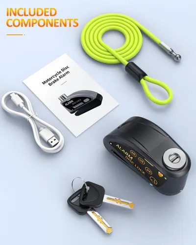 Miniatura 5 de Candado recargable Onvian para motocicleta con alarma de 120 dB y cable de recordatorio de acero de 1.8 m, para motocicletas, bicicletas, ebikes