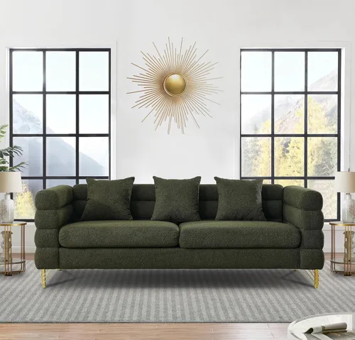 Miniatura 19 de Juego de 2 sofás para sala de estar, cómodo sofá de bouclé con sofá cama y sofá de 3 plazas, sofá tapizado con 2 almohadas y diseño de asiento