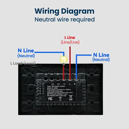 Miniatura 6 de Interruptor de luz inteligente 4.6X2.8X1.3 pulgadas, necesita cable neutro, WiFi de 2.4GHz, interruptor inteligente certificado FCC con control