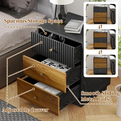 Miniatura 4 de Mesita de noche de 23.6 pulgadas de alto con 3 cajones de almacenamiento, mesita de noche acanalada con asas de metal, mesa auxiliar moderna