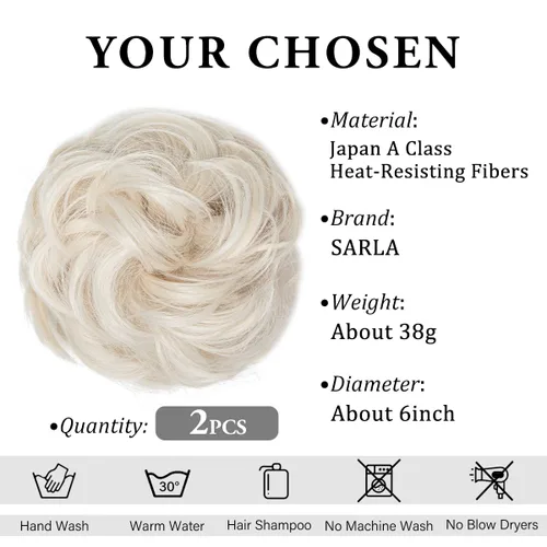 Miniatura 2 de SARLA 2 piezas de cabello desordenado de moño ondulado, rizado, sintético, recogido, extensión de cola de caballo falsa para mujer, rubio platino