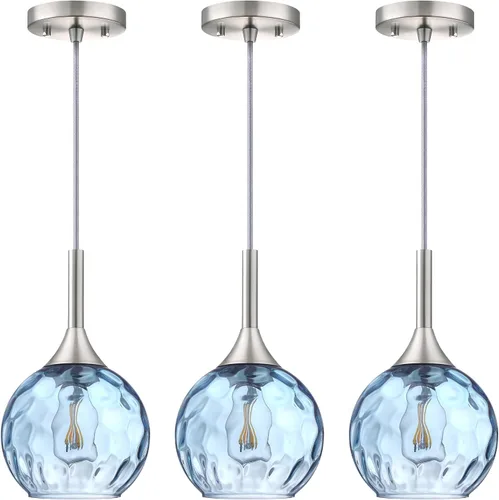Miniatura 13 de Lámpara colgante de barra de vidrio azul con textura de 6.3 pulgadas, paquete de 3 lámparas colgantes de techo con acabado negro, moderna casa