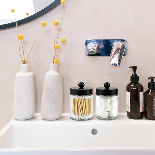 Miniatura 2 de Juego de 2 tarros de boticario de cristal con tapas para baño, lindo soporte para cotonetes, juego de accesorios de baño negros, pequeños