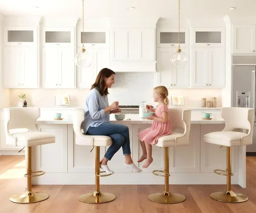 Miniatura 10 de ROCITY Juego de 2 taburetes de bar color beige con respaldo de piel sintética con base dorada, isla de cocina moderna ajustable para comedor, barra