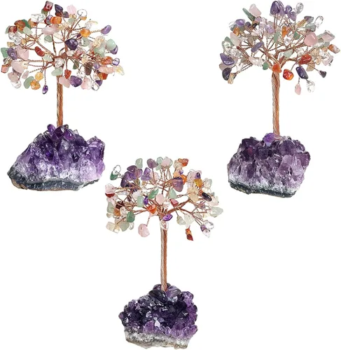 Miniatura 4 de Nupuyai Árboles de dinero de cristal natural con base de racimo de amatista, figura decorativa de piedra de cristal para decoración de escritorio