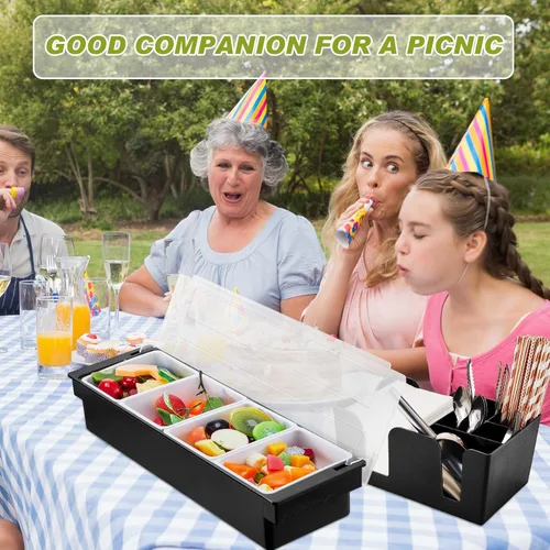 Miniatura 6 de Tessco for you Bandeja de Guarnición con Tapa Organizador de Bar Contenedor de Condimentos Refrigerado con Hielo con Cuchara para Hielo Pinzas