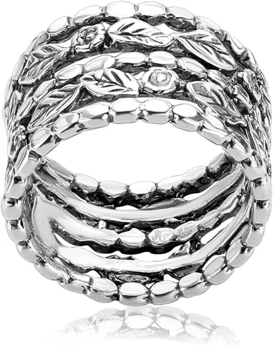Miniatura 6 de Anillo ancho de plata de ley 925, flores y hojas, oxidado, aspecto vintage, elegante, hipoalergénico, sin níquel ni plomo, colección de diseñador
