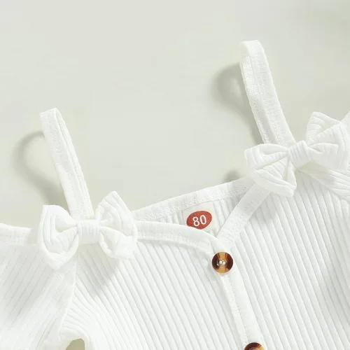 Miniatura 59 de TheFound Trajes de verano para niñas pequeñas, sin mangas, de punto acanalado, halter, pantalones cortos, ropa para recién nacidos, conjunto de 3