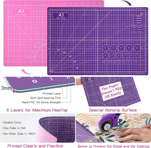 Miniatura 4 de Juego de cortadores giratorios Nicecho, suministros para coser y acolchar, cortadores de tela de 45 mm, alfombrilla de corte A3 para coser, reglas