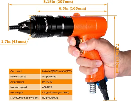 Miniatura 3 de Kit de herramientas de tuerca remachadora neumática métrica, pistola de remache de aire con mandriles M6, M8 y M10
