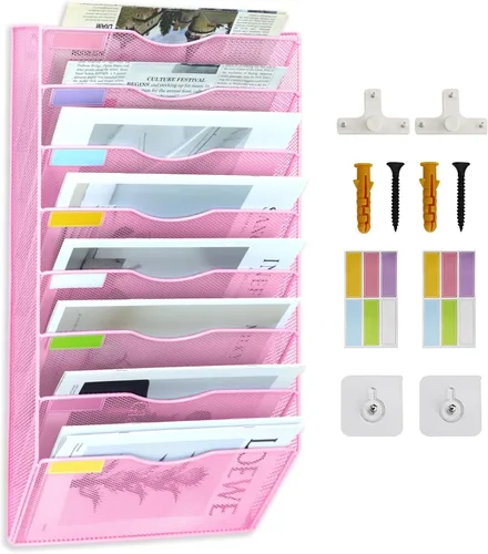 Miniatura 9 de Organizador de archivos de pared de malla con 1 bolsillo, organizador de archivos para colgar en la oficina, revistero, juego de ganchos