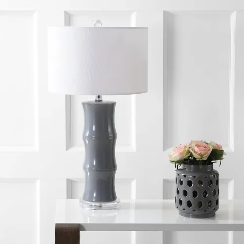 Miniatura 8 de JONATHAN Y Lámpara de mesa de cerámica gris de 26.5 pulgadas para sala de estar, mesita de noche de dormitorio, pantalla de tambor de lino blanco