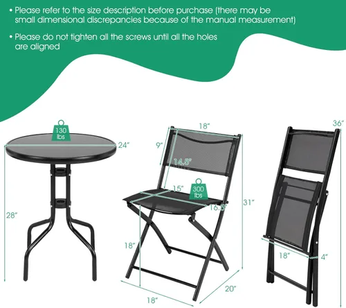 Miniatura 5 de Tangkula Juego de 3 piezas plegables para patio, sillas plegables y mesa con mesa de vidrio templado, mesa redonda y sillas plegables, juego