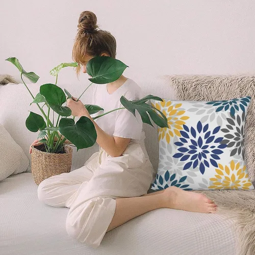 Miniatura 7 de Fundas de almohada azul marino y amarillo de 18 x 18 pulgadas, color verde azulado y gris, funda de almohada moderna con flores de dalia, 2 piezas