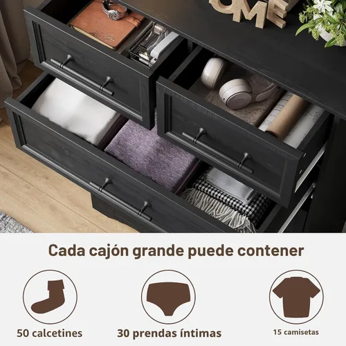 Miniatura 4 de YANSNWO Cómoda de Granja Negra para Dormitorio, Moderna Cómoda de 6 Cajones, Cómoda Alta de 44" con Manijas de Metal Cepillado, Organizadores