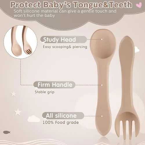 Miniatura 4 de Nuenen Juego de 6 tenedores y cucharas de silicona para bebés, suministros de autoalimentación para primera etapa, mini utensilios para niños