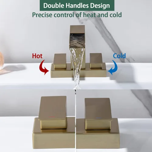 Miniatura 6 de Grifo de cascada de baño central de 4 pulgadas, 2 manijas y 3 agujeros, grifo de lavabo de cascada con desagüe desplegable con desbordamiento, oro