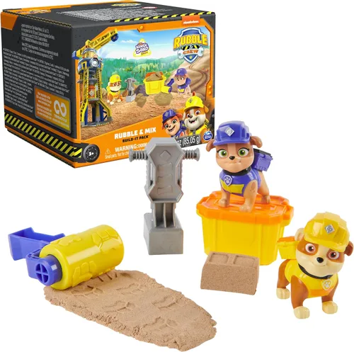 Rubble & Crew, Juego de figuras de acción de Rubble and Mix, con 3 oz de arena cinética Build-It y 2 juguetes de construcción de mano, juguetes para