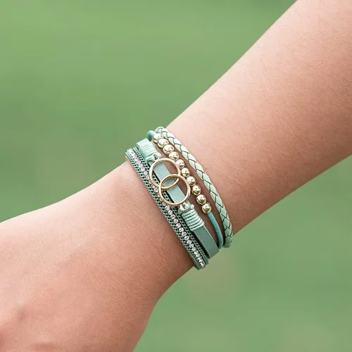 Miniatura 2 de FANCY SHINY Pulseras bohemias de cuero, pulseras de cuentas doradas para mujer, pulseras apilables del infinito, joyas con cierre, Sin gemas.