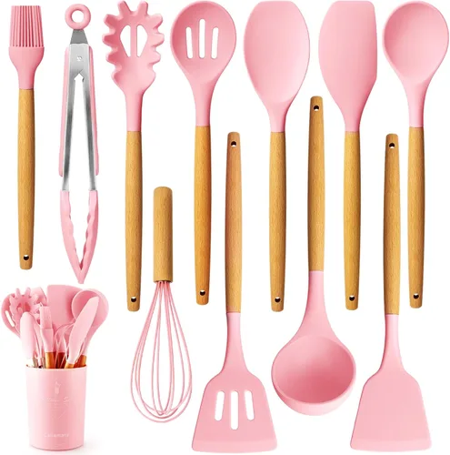 Caliamary Juego de utensilios de cocina de silicona, 11 utensilios de cocina con asas de madera, soporte para utensilios de cocina antiadherentes,