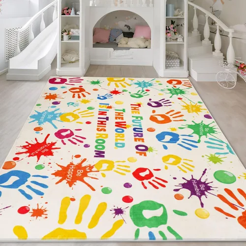 Miniatura 5 de Alfombra colorida para niños, alfombra lavable para niños, alfombras de área de huellas de manos para dormitorio de niños, alfombra de juego