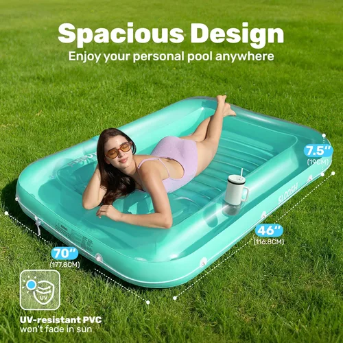 Miniatura 2 de SLOOSH Flotador inflable, camastro para adultos, con almohada, 178 x 117 cm, 4 en 1: balsa-tina bronceadora, camastro para tomar el sol, fiestas Cian