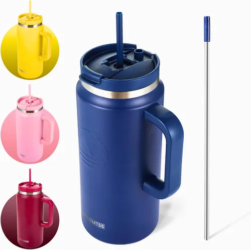 Miniatura 10 de FAHRMOSIS Vaso de 40 onzas con asa y pajita, taza aislada que cabe en el portavasos para bebidas frías y calientes, vaso a prueba de fugas