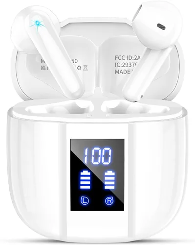 Qecnato Auriculares inalámbricos, pantalla LED con micrófono, IP7 impermeable en auriculares, ajuste cómodo, auriculares Bluetooth para teléfono