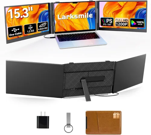 Extensor de pantalla triple para laptop, configuración de un cable, monitor portátil de 15.3 pulgadas para laptop, monitor triple FHD 1200P 16:10,