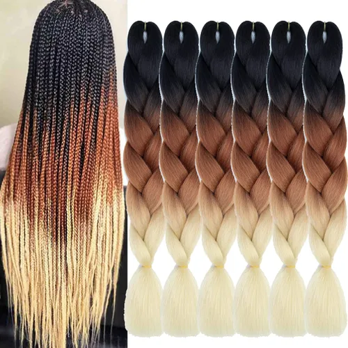 Miniatura 70 de Xiaofeng Extensiones de cabello trenzado coloridas Ombre de 61 cm, 3 unidades, trenzas Jumbo de alta temperatura para trenzas en zigzag y trenzas