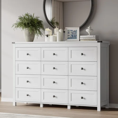 Miniatura 29 de BORNOON Cómoda de 9 cajones, moderna cómoda de almacenamiento de madera, soporte de TV, organizador de cajones de madera con asas de metal