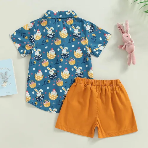 Miniatura 21 de Conjunto de 2 piezas de camiseta de manga corta con botones y pantalones cortos sólidos para bebé niño